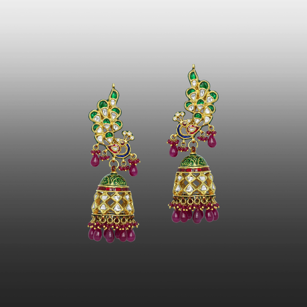 Peacock Motif Jhumkas with Green-Red Enamel and Ruby Drops